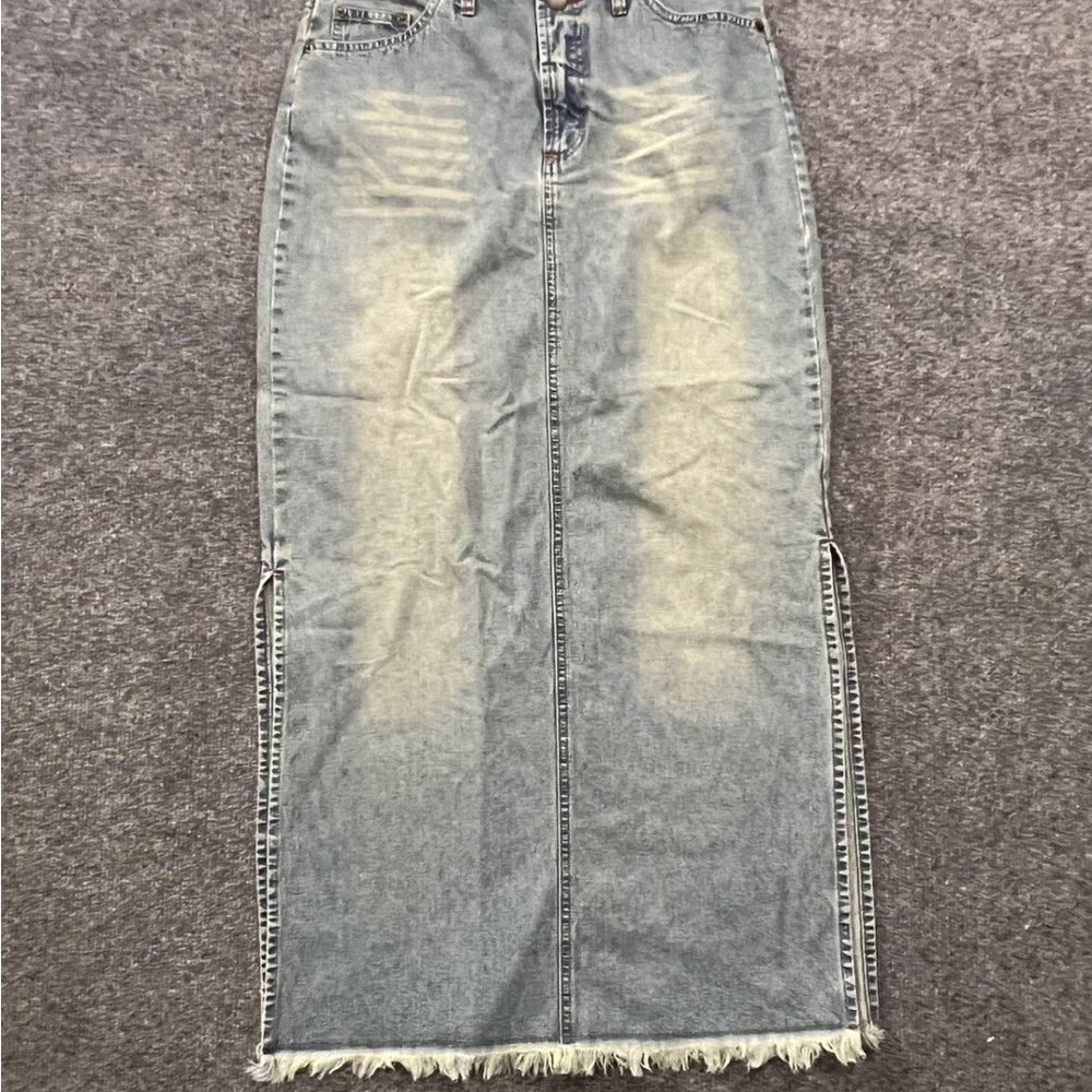 y2k long denim skirt Size 7 Raw Hem Slit Low rise Distressed Pockets maxi